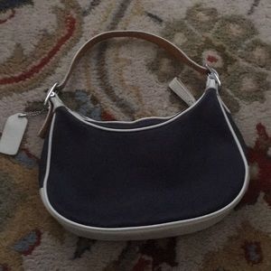 Navy canvas and cream leather coach handbag